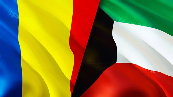 Romania and Kuwait flags. 3D Waving flag design. Romania Kuwait flag, picture, wallpaper. Romania vs Kuwait image,3D rendering. Romania Kuwait relations alliance and Trade,travel,tourism concep