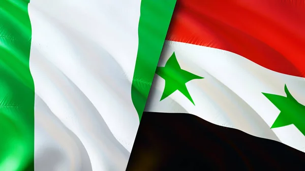 Nigeria and Syria flags. 3D Waving flag design. Nigeria Syria flag, picture, wallpaper. Nigeria vs Syria image,3D rendering. Nigeria Syria relations alliance and Trade,travel,tourism concep