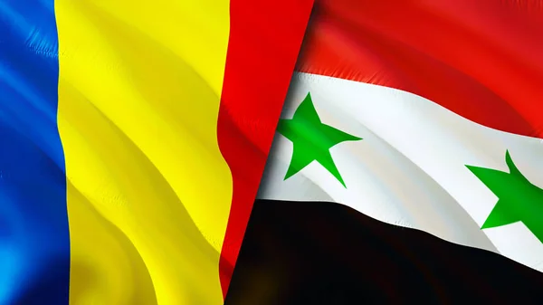 Romania and Syria flags. 3D Waving flag design. Romania Syria flag, picture, wallpaper. Romania vs Syria image,3D rendering. Romania Syria relations alliance and Trade,travel,tourism concep