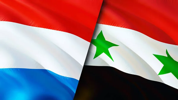 Luxembourg and Syria flags. 3D Waving flag design. Luxembourg Syria flag, picture, wallpaper. Luxembourg vs Syria image,3D rendering. Luxembourg Syria relations alliance and Trade,travel,touris