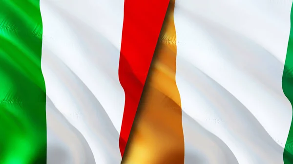 意大利和科特迪瓦的国旗 3D波浪旗帜设计 意大利科特迪瓦国旗 意大利对科特迪瓦图像 3D渲染 意大利与科特迪瓦的关系联盟 — 图库照片