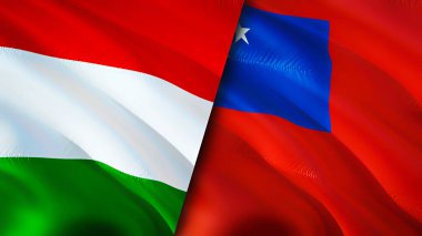 Macaristan ve Samoa bayrakları. 3 boyutlu dalgalanan bayrak tasarımı. Macaristan Samoa bayrağı, resim, duvar kağıdı. Macaristan Samoa 'ya karşı, görüntü 3D. Macaristan Samoa ilişkileri ittifak ve ticaret, seyahat, turizm konsepti