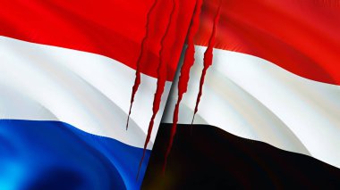 Hollanda ve Yemen bayraklarında yara izi var. Dalgalanan bayrak, 3 boyutlu görüntüleme. Hollanda ve Yemen çatışma konsepti. Hollanda Yemen ilişkileri kavramı. Hollanda bayrağı ve Yemen krizi, savaş, attac