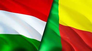 Macaristan ve Benin bayrakları. 3 boyutlu dalgalanan bayrak tasarımı. Macaristan Benin bayrağı, resim, duvar kağıdı. Macaristan, Benin 'e karşı, görüntü 3D. Macaristan Benin ilişkileri ittifak ve ticaret, seyahat, turizm konsepti