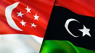 Singapur ve Libya bayrakları. 3 boyutlu dalgalanan bayrak tasarımı. Singapur Libya bayrağı, resim, duvar kağıdı. Singapur Libya 'ya karşı, görüntü 3 boyutlu. Singapur Libya ilişkileri ittifak ve ticaret, seyahat, turizm konsepti