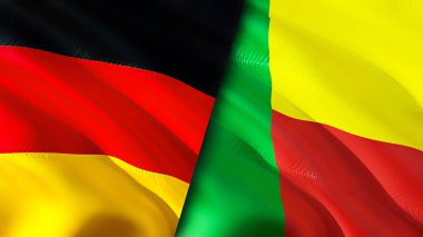 Almanya ve Benin bayrakları. 3 boyutlu dalgalanan bayrak tasarımı. Almanya Benin bayrağı, resim, duvar kağıdı. Almanya, Benin 'e karşı, görüntü 3D. Almanya Benin ilişkileri ittifak ve ticaret, seyahat, turizm konsepti
