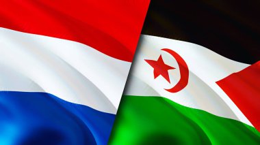 Hollanda ve Batı Sahra bayrakları. 3 boyutlu dalgalanan bayrak tasarımı. Hollanda Batı Sahra bayrağı, resim, duvar kağıdı. Hollanda, Batı Sahra 'ya karşı, görüntü 3D. Hollanda Batı Sahar