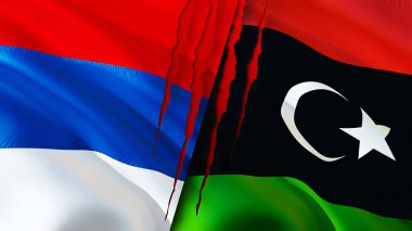Sırbistan ve Libya yara izi kavramına sahip bayraklar. Dalgalanan bayrak, 3 boyutlu görüntüleme. Sırbistan ve Libya ihtilaf kavramı. Sırbistan Libya ilişkileri kavramı. Sırbistan ve Libya krizi, savaş, saldırı konsepti bayrağı