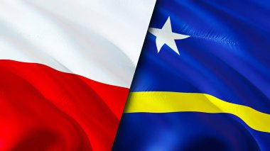 Polonya ve Curacao bayrakları. 3 boyutlu dalgalanan bayrak tasarımı. Polonya Curacao bayrağı, resim, duvar kağıdı. Polonya, Curacao 'ya karşı, görüntü 3 boyutlu. Polonya Curacao ilişkileri ittifak ve ticaret, seyahat, turizm konsepti