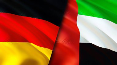 Almanya ve Birleşik Arap Emirlikleri bayrakları. 3 boyutlu dalgalanan bayrak tasarımı. Almanya Birleşik Arap Emirlikleri bayrağı, resmi, duvar kağıdı. Almanya, Birleşik Arap Emirlikleri 'ne karşı, görüntü 3D. Almanya Birleşik Arap Emirliği