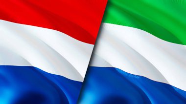 Hollanda ve Sierra Leone bayrakları. 3 boyutlu dalgalanan bayrak tasarımı. Hollanda Sierra Leone bayrağı, resim, duvar kağıdı. Hollanda, Sierra Leone 'ye karşı, görüntü 3D. Hollanda Sierra Leone ilişkisi
