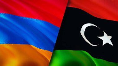 Ermenistan ve Libya bayrakları. 3 boyutlu dalgalanan bayrak tasarımı. Ermenistan Libya bayrağı, resim, duvar kağıdı. Ermenistan, Libya imajına karşı, 3D görüntüleme. Ermenistan Libya ilişkileri ittifak ve ticaret, seyahat, turizm konsepti