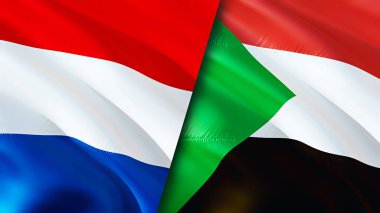 Hollanda ve Sudan bayrakları. 3 boyutlu dalgalanan bayrak tasarımı. Hollanda Sudan bayrağı, resim, duvar kağıdı. Hollanda, Sudan 'a karşı, görüntü 3D. Hollanda Sudan ilişkileri ittifak ve ticaret, seyahat, turnuva