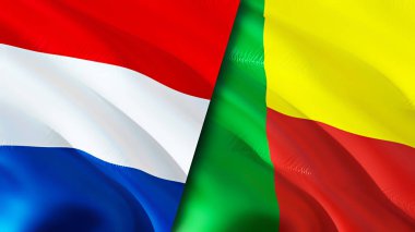 Hollanda ve Benin bayrakları. 3 boyutlu dalgalanan bayrak tasarımı. Hollanda Benin bayrağı, resim, duvar kağıdı. Hollanda, Benin imajına karşı, 3D görüntüleme. Hollanda Benin ilişkileri ittifak ve ticaret, seyahat, turnuva