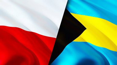 Polonya ve Bahamalar bayrakları. 3 boyutlu dalgalanan bayrak tasarımı. Polonya Bahamalar bayrağı, resim, duvar kağıdı. Polonya, Bahamalar 'a karşı, görüntü 3D. Polonya Bahamalar ilişkileri ittifak ve ticaret, seyahat, turizm konsepti