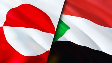 Grönland ve Sudan bayrakları. 3 boyutlu dalgalanan bayrak tasarımı. Grönland Sudan bayrağı, resim, duvar kağıdı. Grönland Sudan 'a karşı, görüntü 3 boyutlu. Grönland Sudan ilişkileri ittifak ve ticaret, seyahat, turizm konsepti