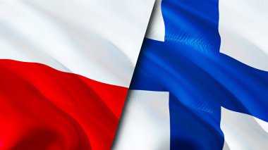 Polonya ve Finlandiya bayrakları. 3 boyutlu dalgalanan bayrak tasarımı. Polonya Finlandiya bayrağı, resim, duvar kağıdı. Polonya, Finlandiya 'ya karşı imaj, 3D görüntüleme. Polonya Finlandiya ile ittifak ve ticaret, seyahat ve turizm ilişkileri