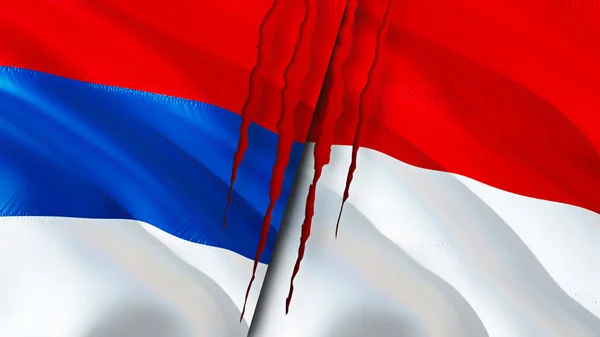 Serbia and Monaco flags with scar concept. Waving flag,3D rendering. Serbia and Monaco conflict concept. Serbia Monaco relations concept. flag of Serbia and Monaco crisis,war, attack concep
