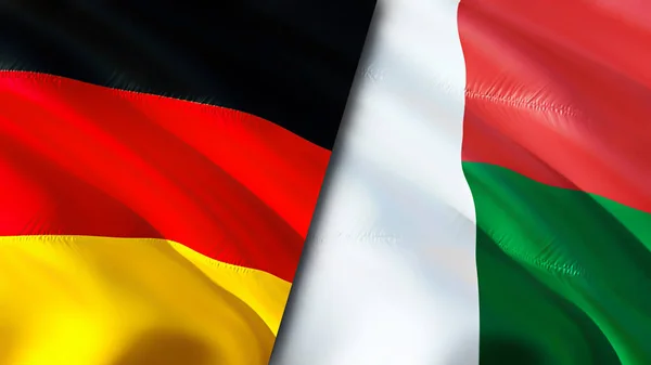 Germany and Madagascar flags. 3D Waving flag design. Germany Madagascar flag, picture, wallpaper. Germany vs Madagascar image,3D rendering. Germany Madagascar relations alliance an