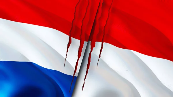 オランダとモナコは傷の概念でフラグを立てます 旗を振って3Dレンダリング オランダとモナコの紛争の概念 オランダモナコ関係の概念 オランダとモナコの危機戦争 — ストック写真