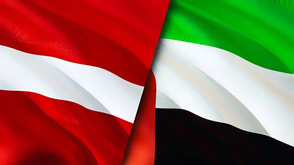 Latvia and United Arab Emirates flags. 3D Waving flag design. Latvia United Arab Emirates flag, picture, wallpaper. Latvia vs United Arab Emirates image,3D rendering. Latvia United Arab Emirate