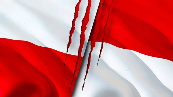 波兰和摩纳哥的国旗上有疤痕的概念 飘扬的旗帜 3D渲染 波兰和摩纳哥冲突概念 波兰摩纳哥关系概念 波兰和摩纳哥的国旗危机 — 图库照片