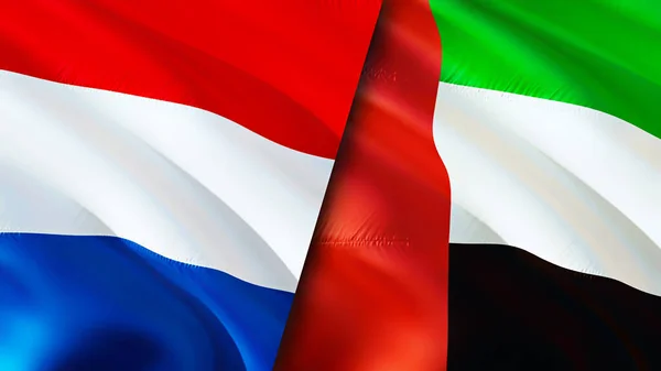 Netherlands and United Arab Emirates flags. 3D Waving flag design. Netherlands United Arab Emirates flag, picture, wallpaper. Netherlands vs United Arab Emirates image,3D rendering. Netherland