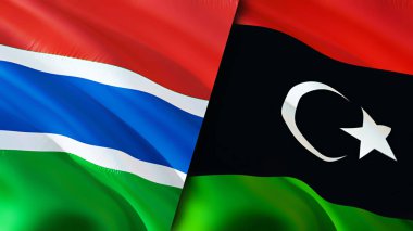 Gambiya ve Libya bayrakları. 3 boyutlu dalgalanan bayrak tasarımı. Gambiya Libya bayrağı, resim, duvar kağıdı. Gambiya Libya 'ya karşı, görüntü 3D. Gambiya Libya ilişkileri ittifak ve ticaret, seyahat, turizm konsepti