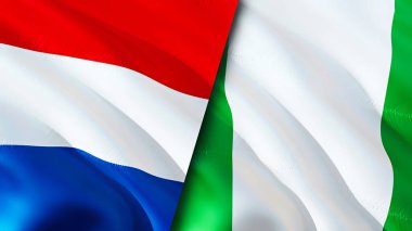 Hollanda ve Nijerya bayrakları. 3 boyutlu dalgalanan bayrak tasarımı. Hollanda Nijerya bayrağı, resim, duvar kağıdı. Hollanda, Nijerya 'ya karşı 3 boyutlu görüntü. Hollanda Nijerya ilişkileri ittifakı