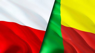 Polonya ve Benin bayrakları. 3 boyutlu dalgalanan bayrak tasarımı. Polonya Benin bayrağı, resim, duvar kağıdı. Polonya, Benin 'e karşı, görüntü 3D. Polonya Benin ilişkileri ittifak ve ticaret, seyahat, turizm konsepti