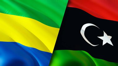 Gabon ve Libya bayrakları. 3 boyutlu dalgalanan bayrak tasarımı. Gabon Libya bayrağı, resim, duvar kağıdı. Gabon Libya 'ya karşı, görüntü 3D. Gabon Libya ilişkileri ittifak ve ticaret, seyahat, turizm konsepti