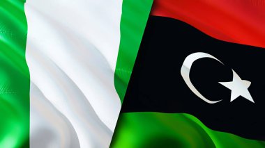 Nijerya ve Libya bayrakları. 3 boyutlu dalgalanan bayrak tasarımı. Nijerya Libya bayrağı, resim, duvar kağıdı. Nijerya, Libya imajına karşı, 3D görüntüleme. Nijerya Libya ilişkileri ittifak ve ticaret, seyahat, turizm konsepti