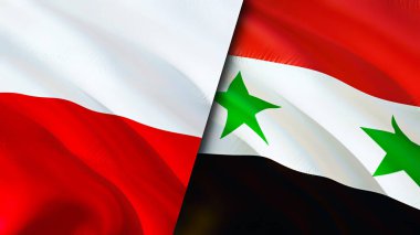 Polonya ve Suriye bayrakları. 3 boyutlu dalgalanan bayrak tasarımı. Polonya Suriye bayrağı, resim, duvar kağıdı. Polonya, Suriye 'ye karşı, görüntü 3D. Polonya Suriye ilişkileri ittifak ve ticaret, seyahat, turizm konsepti