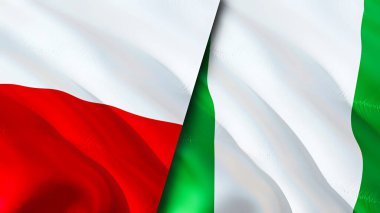 Polonya ve Nijerya bayrakları. 3 boyutlu dalgalanan bayrak tasarımı. Polonya Nijerya bayrağı, resim, duvar kağıdı. Polonya, Nijerya 'ya karşı, görüntü 3D. Polonya Nijerya ilişkileri ittifak ve ticaret, seyahat, turizm konsepti