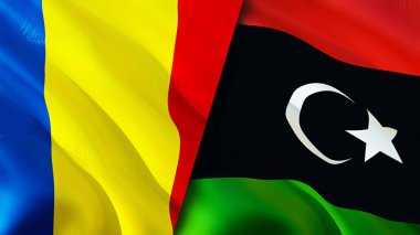 Romanya ve Libya bayrakları. 3 boyutlu dalgalanan bayrak tasarımı. Romanya Libya bayrağı, resim, duvar kağıdı. Romanya Libya 'ya karşı imaj, 3D görüntüleme. Romanya Libya ilişkileri ittifak ve ticaret, seyahat ve turizm consepti