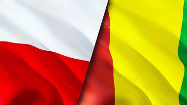 Polonya ve Gine bayrakları. 3 boyutlu dalgalanan bayrak tasarımı. Polonya Gine bayrağı, resim, duvar kağıdı. Polonya, Gine 'ye karşı, görüntü 3 boyutlu. Polonya Gine ilişkileri ittifak ve ticaret, seyahat, turizm konsepti