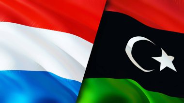 Lüksemburg ve Libya bayrakları. 3 boyutlu dalgalanan bayrak tasarımı. Lüksemburg Libya bayrağı, resim, duvar kağıdı. Lüksemburg, Libya imajına karşı, 3D görüntüleme. Lüksemburg Libya ilişkileri ittifak ve ticaret, seyahat, turnuva
