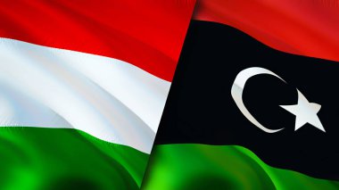 Macaristan ve Libya bayrakları. 3 boyutlu dalgalanan bayrak tasarımı. Macaristan Libya bayrağı, resim, duvar kağıdı. Macaristan Libya 'ya karşı, görüntü 3D. Macaristan Libya ilişkileri ittifak ve ticaret, seyahat, turizm konsepti