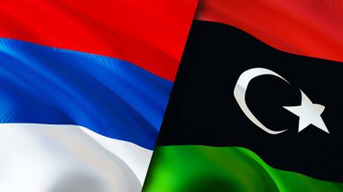 Sırbistan ve Libya bayrakları. 3 boyutlu dalgalanan bayrak tasarımı. Sırbistan Libya bayrağı, resmi, duvar kağıdı. Sırbistan Libya 'ya karşı imaj, 3D görüntüleme. Sırbistan Libya ilişkileri ittifak ve ticaret, seyahat ve turizm consepti