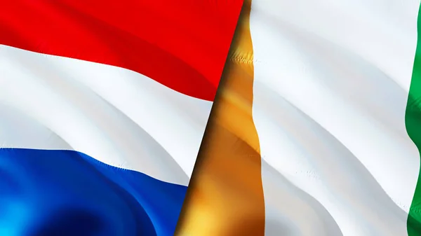 Σημαίες Κάτω Χωρών Και Ακτής Ελεφαντοστού Σχεδιασμός Τρισδιάστατης Κυματιστή Σημαίας — Φωτογραφία Αρχείου