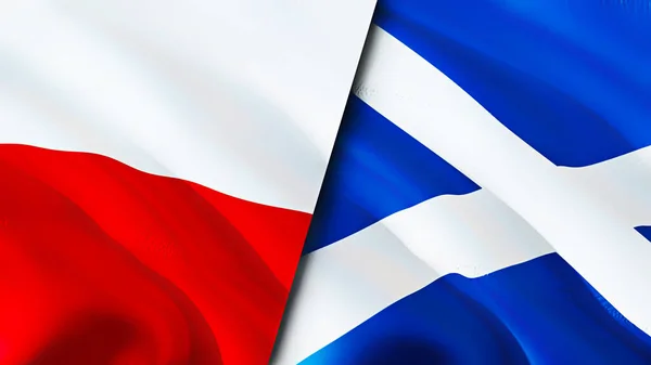 Poland and Scotland flags. 3D Waving flag design. Poland Scotland flag, picture, wallpaper. Poland vs Scotland image,3D rendering. Poland Scotland relations alliance and Trade,travel,tourism concep