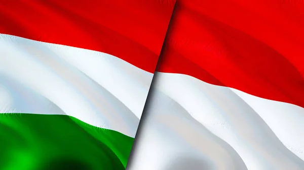 ハンガリーとモナコの国旗 3D波動旗のデザイン ハンガリーモナコの旗 ハンガリー対モナコの画像 3Dレンダリング ハンガリーモナコの関係と貿易 観光コンセプト — ストック写真
