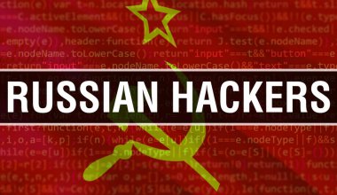 Program ve uygulama geliştirmek için kod kullanan Rus hackerların konsept çizimleri. Rus hackerların web sitesi kodu koyu arkaplanda tarayıcı görünümünde renkli etiketlerle. İkili oynayan Rus hackerlar