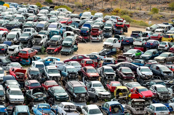 Scrap Yard With Pile Of Crushed Cars in tenerife canary islands spain