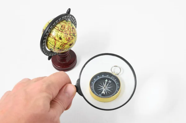 Vintage Tools Globe Compass and Loupe — Stock Photo, Image