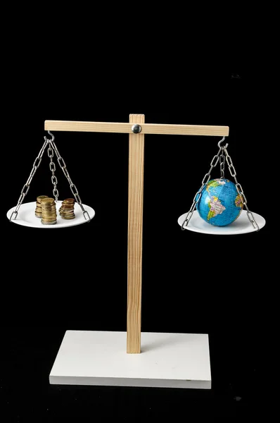 Earth and Money on a Two Pan Balance — Stock Photo, Image