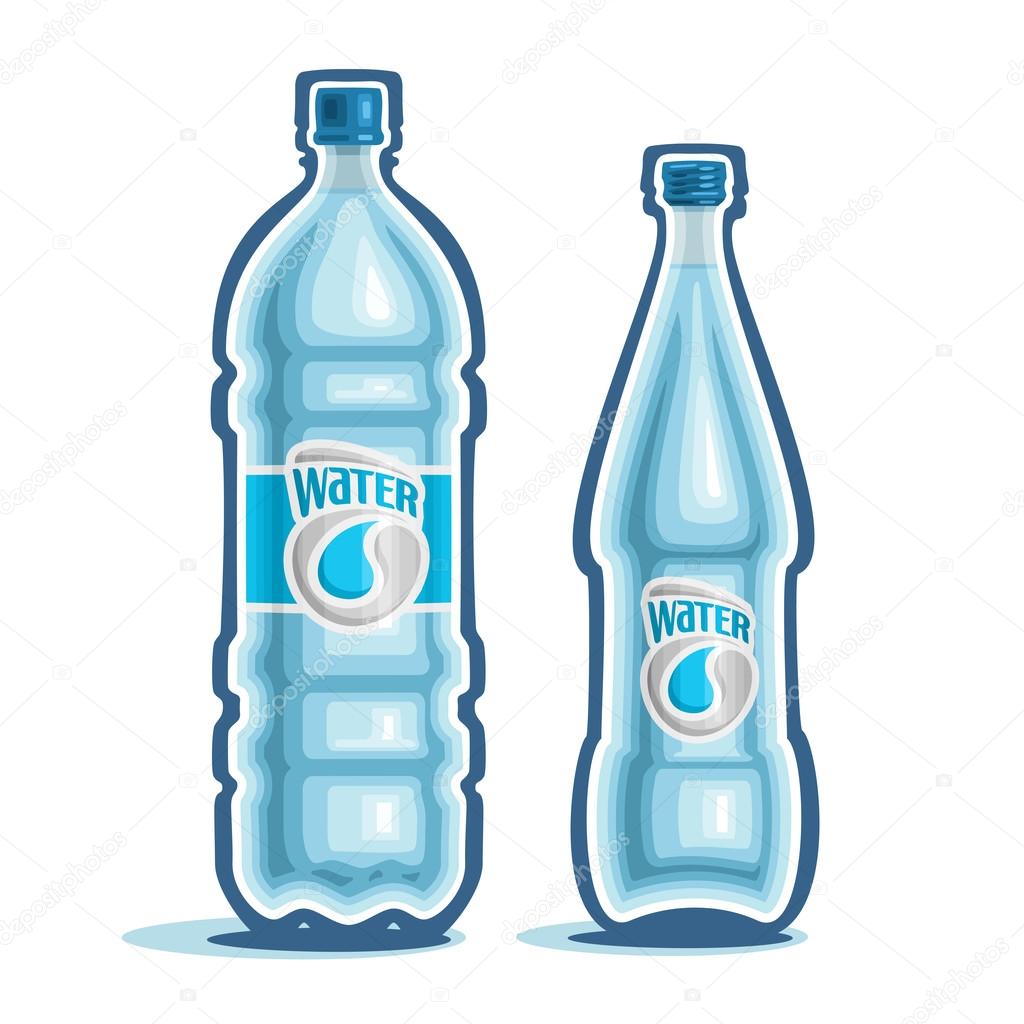 Vector illustration on the theme of the logo for bottled water, consisting of a closed plastic bottle of drinking water, and a glass bottle with pure mineral water on a white background