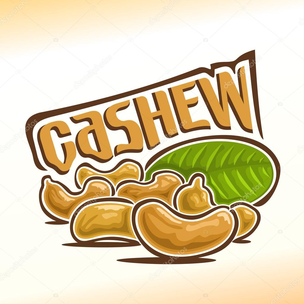 Vector illustration on the theme of the logo for cashew nuts, consisting of six peeled cashew nutlets foreground and green leaf in the background