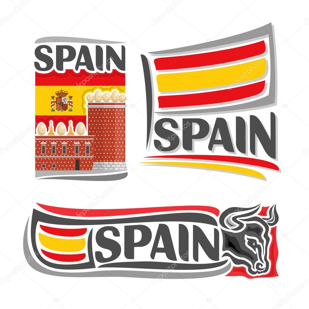 Vector illustration of the logo for Spain, consisting of 3 isolated illustrations: flag on the background of the Salvador Dali Museum, symbol of Spain and the flag on background of of a bull's head