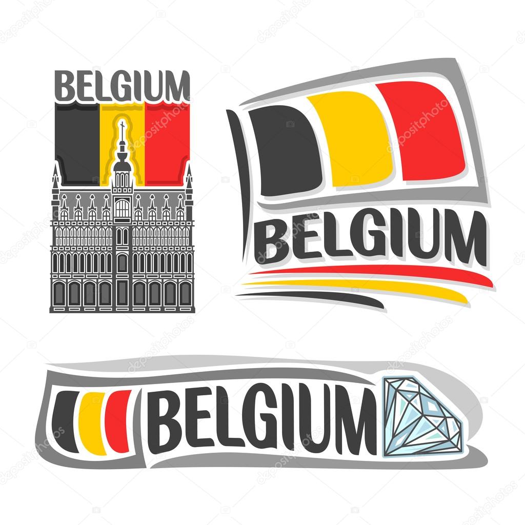 Vector illustration of the logo for Belgium, consisting of 3 isolated illustrations: national flag behind King's House in Brussels, horizontal symbol of Belgium and the flag on background of diamond